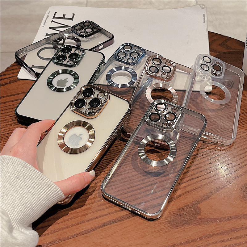 Luxury Plating Soft TPU Shockproof Cases Logo Hole With Camera Lens Film Protector Clear Full Protection Cover For iPhone 14 13 12 11 Pro Max XR XS 7 