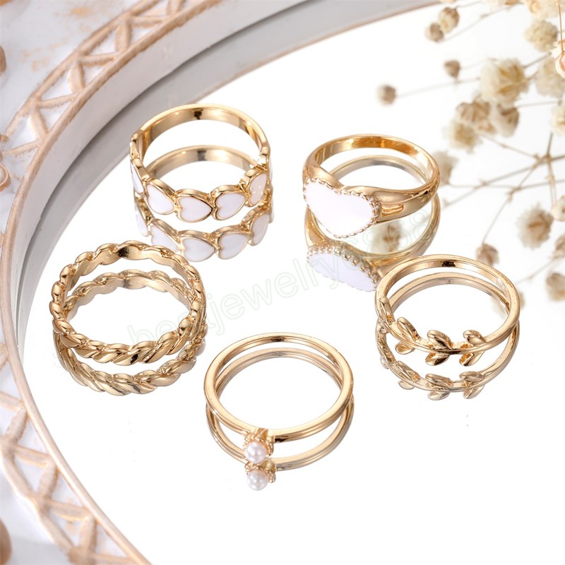 Wedding Cute White Heart Pearl Ring Woman Fashion 2022 Leaves Rings Set for Women Girls Party Jewelry