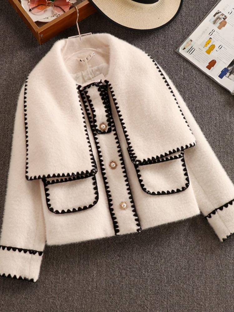 Women's Suits Blazers High Quality Women White Bow Mink Jacket Coat For Female Slim Patchwork Pocket Outerwear Ladies Wool Short Coat Winter Clot
