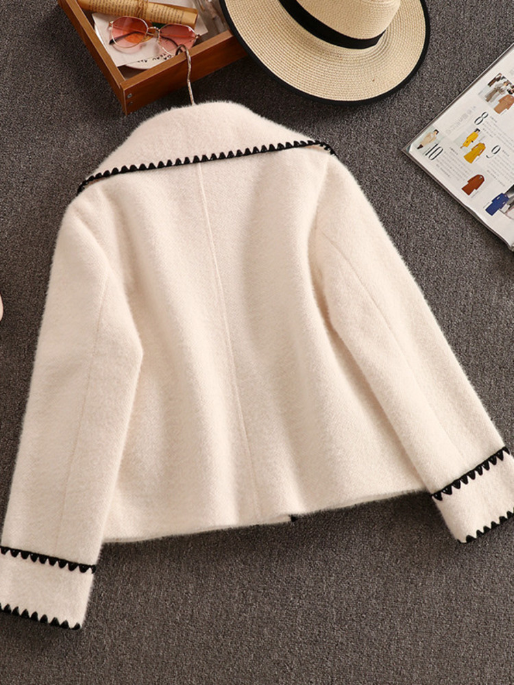 Women's Suits Blazers High Quality Women White Bow Mink Jacket Coat For Female Slim Patchwork Pocket Outerwear Ladies Wool Short Coat Winter Clot