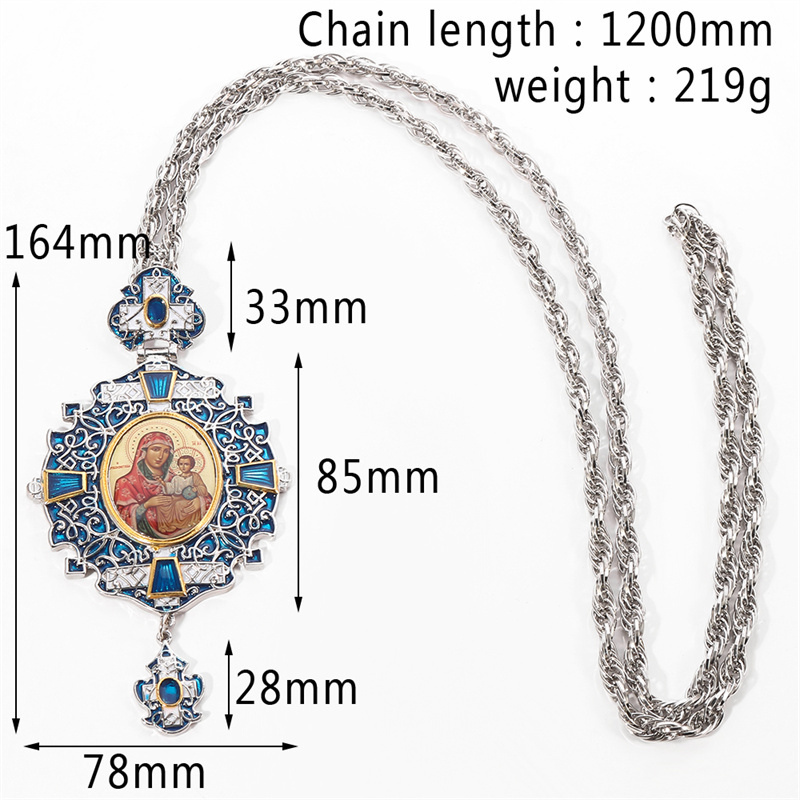 Pendant Necklaces Vintage Pectoral Catholic Orthodox Cross Necklace Blue Zircons Enamel Greek Religious Crucifix Jewelry Chain Christmas Gift 220924