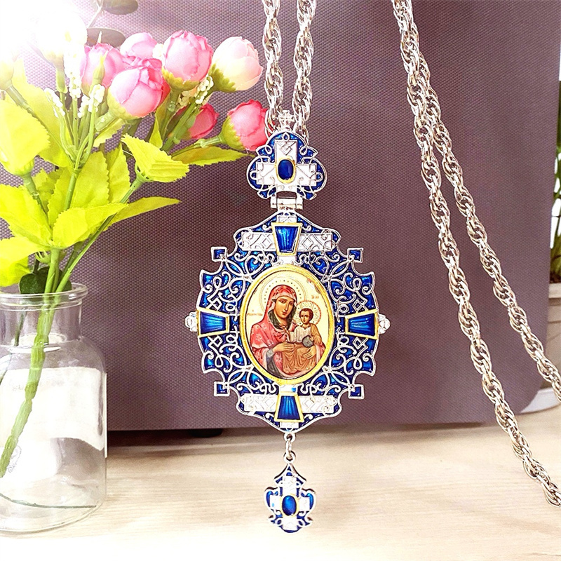 Pendant Necklaces Vintage Pectoral Catholic Orthodox Cross Necklace Blue Zircons Enamel Greek Religious Crucifix Jewelry Chain Christmas Gift 220924