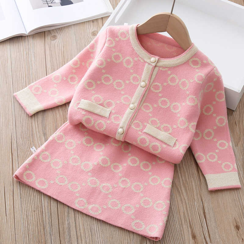 Girls New Winter Clothes Circle Dot Long Sleeve T-shirt And Skirt Two Pieces Spring Kids Clothing Girls Knitted Sweater Set