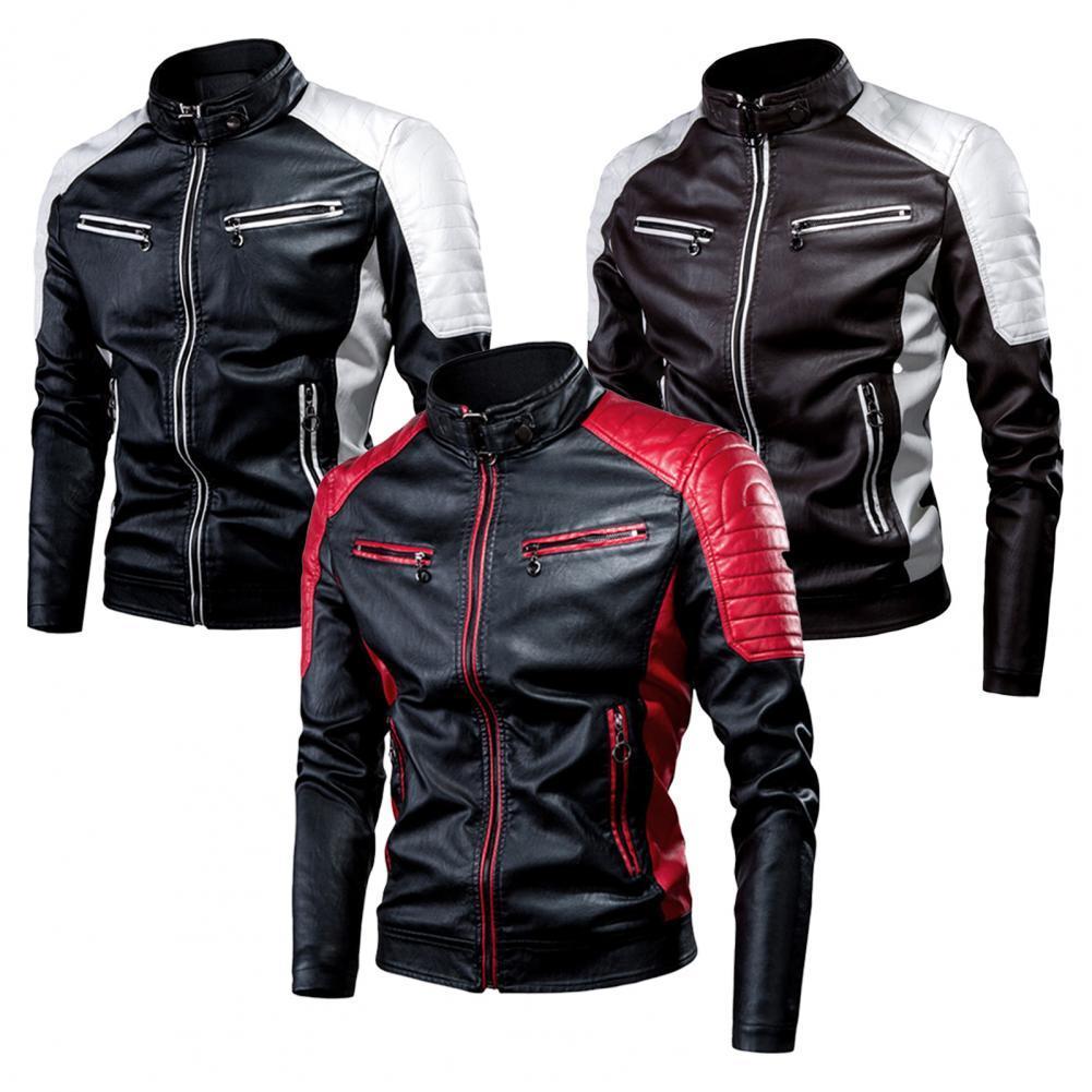 Men's Jackets Men's Winter Fleece Pu Jacket Motorcycle Waterproof Cool Contrast Colors Classic Biker Leather Jacket Motor Autumn Coat 230814
