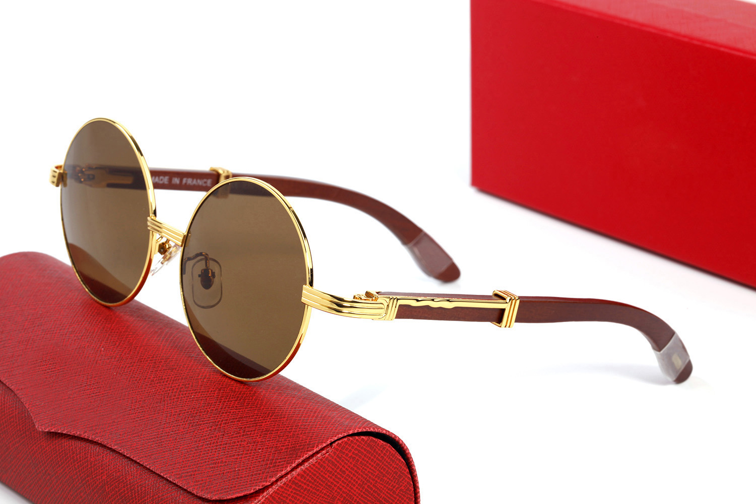 Round Designer Sunglasses Mens Womens Sunglass Vintage Square Retro Carti Sun Glasses Outdoor Driving Fashion Eyewear Frameless Texture Mirror Wooden Eyeglasses