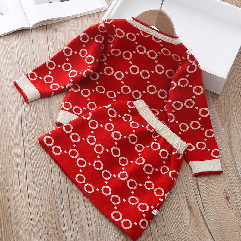 Girls New Winter Clothes Circle Dot Long Sleeve T-shirt And Skirt Two Pieces Spring Kids Clothing Girls Knitted Sweater Set