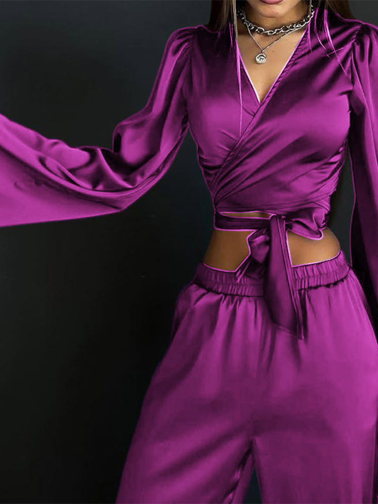 Women's Two Piece Pants Solid Satin Shirt Two Piece Women Set VNeck Flared Long Sleeve LaceUp Top High Waist Pant Female Sets Fashion Casual Lady
