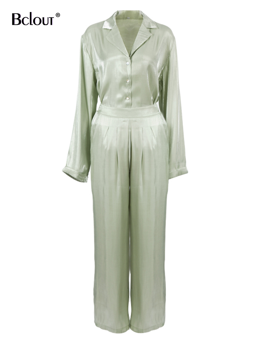 Women's Two Piece Pants Bclout Green Vintage Two Piece Sets Women Autumn Suits Of Elegant Woman Long Sleeve Top And High Waist Pants 2 Piece Set 