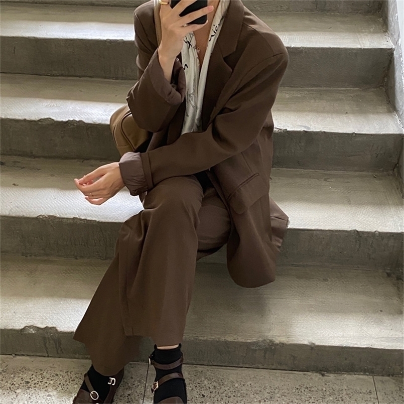 Women's Two Piece Pants HziriP Fashion Vintage Blazer Pants Suit OL Elegant Business Wear Blazers High Waist Wide Leg Pants Suits 2 Piece Set 220