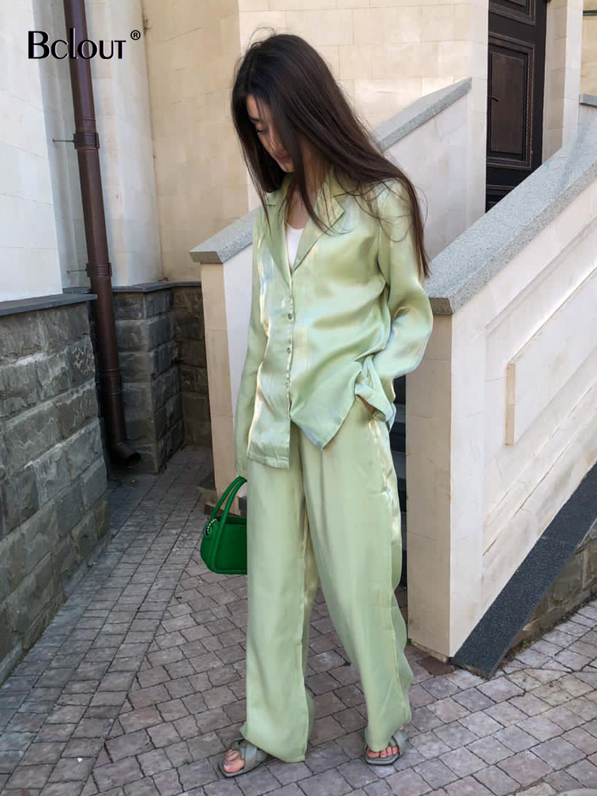 Women's Two Piece Pants Bclout Green Vintage Two Piece Sets Women Autumn Suits Of Elegant Woman Long Sleeve Top And High Waist Pants 2 Piece Set 