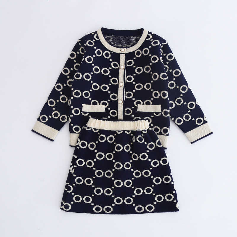 Girls New Winter Clothes Circle Dot Long Sleeve T-shirt And Skirt Two Pieces Spring Kids Clothing Girls Knitted Sweater Set
