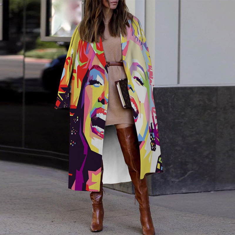 Women's Wool Blends Vintage Abstract Print Turn-Collar Overcoat Autumn Winter Warm Women Long Woolen Coats Fashion Office Ladies Casual Cardigan 