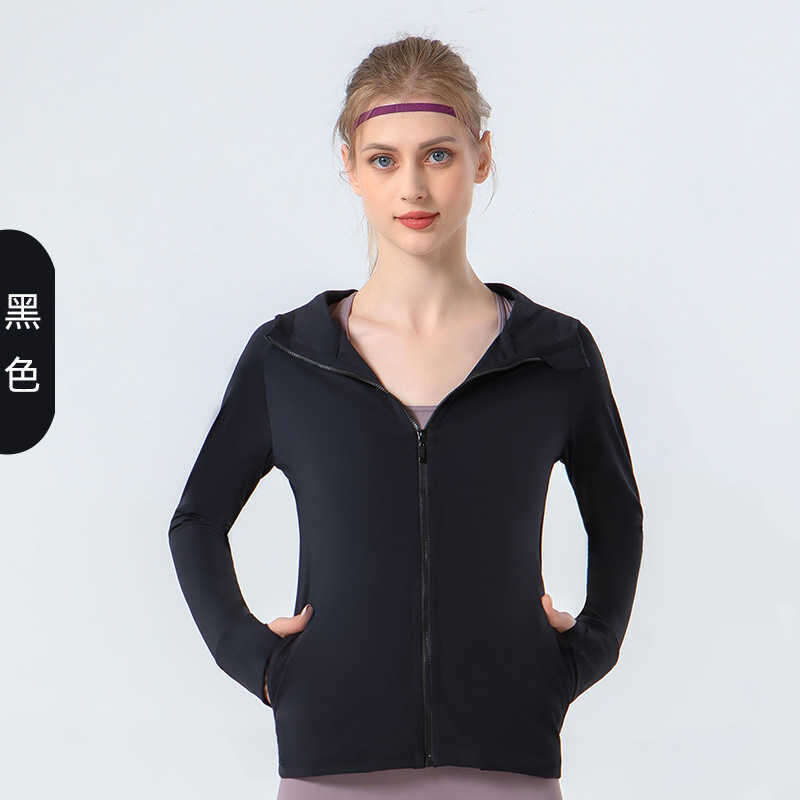 Yoga Outfits Clothes Women's Jacket Loose Stand Neck Zipper Hooded Coat Slim Pocket Fitness Gym Clothes