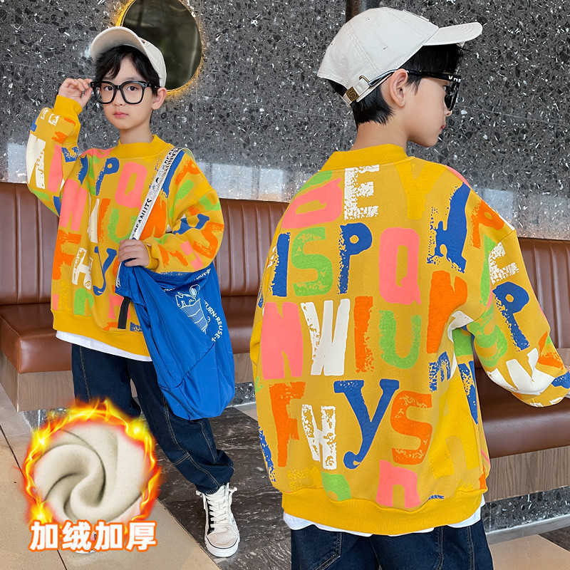 Pullover Boys Autumn Winter Sweater Letters Graffiti Printing Youth Plus Velvet Warm Clothes Fashion Blue And Yellow 4 14 Y 220924