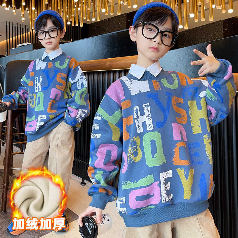 Pullover Boys Autumn Winter Sweater Letters Graffiti Printing Youth Plus Velvet Warm Clothes Fashion Blue And Yellow 4 14 Y 220924