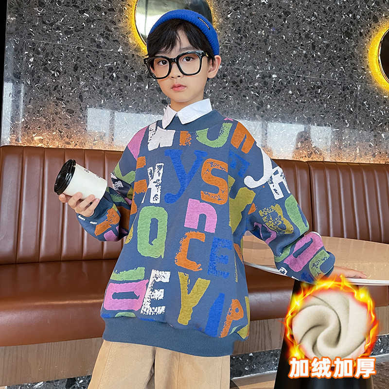 Pullover Boys Autumn Winter Sweater Letters Graffiti Printing Youth Plus Velvet Warm Clothes Fashion Blue And Yellow 4 14 Y 220924