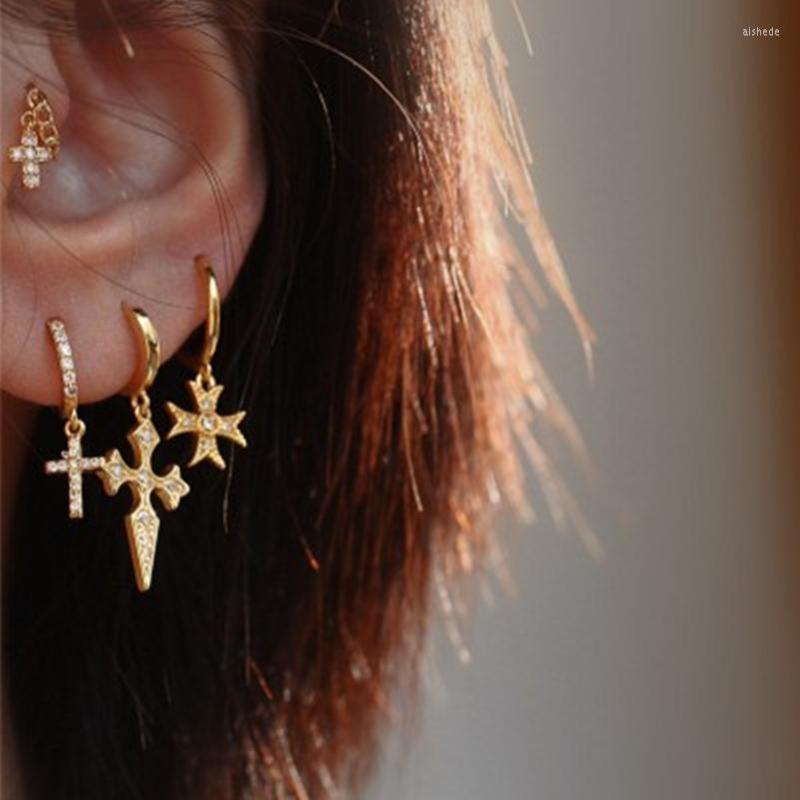 Hoop Earrings 925 Sterling Silver Earring Personalized Zircon Cross Short Pendant Ear Ring Bone Trend Cute Female Girl Jewelry