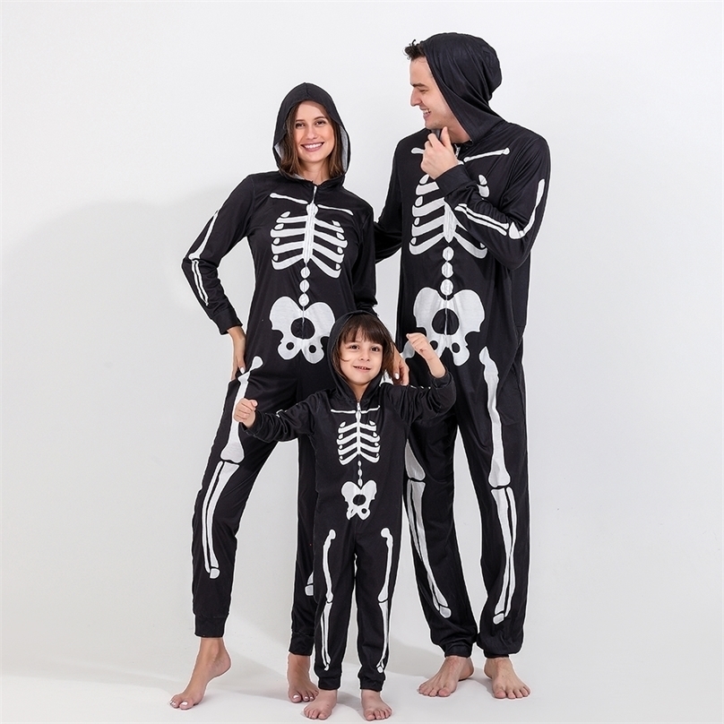 Family Matching Outfits Halloween Scary Skeleton Costume for Adult Kids Family Horror Skull Jumpsuit Carnival Party Hodded Halloween Parent-Child Paja