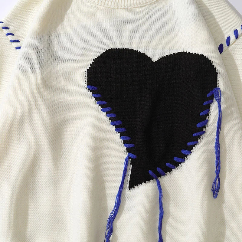 Men's Sweaters Harajuku Heart-shape Pattern Tassel Knitted Ugly Sweaters Men Hip Hop Vintage Casual Loose O-Neck College Style Pullover Couples 2