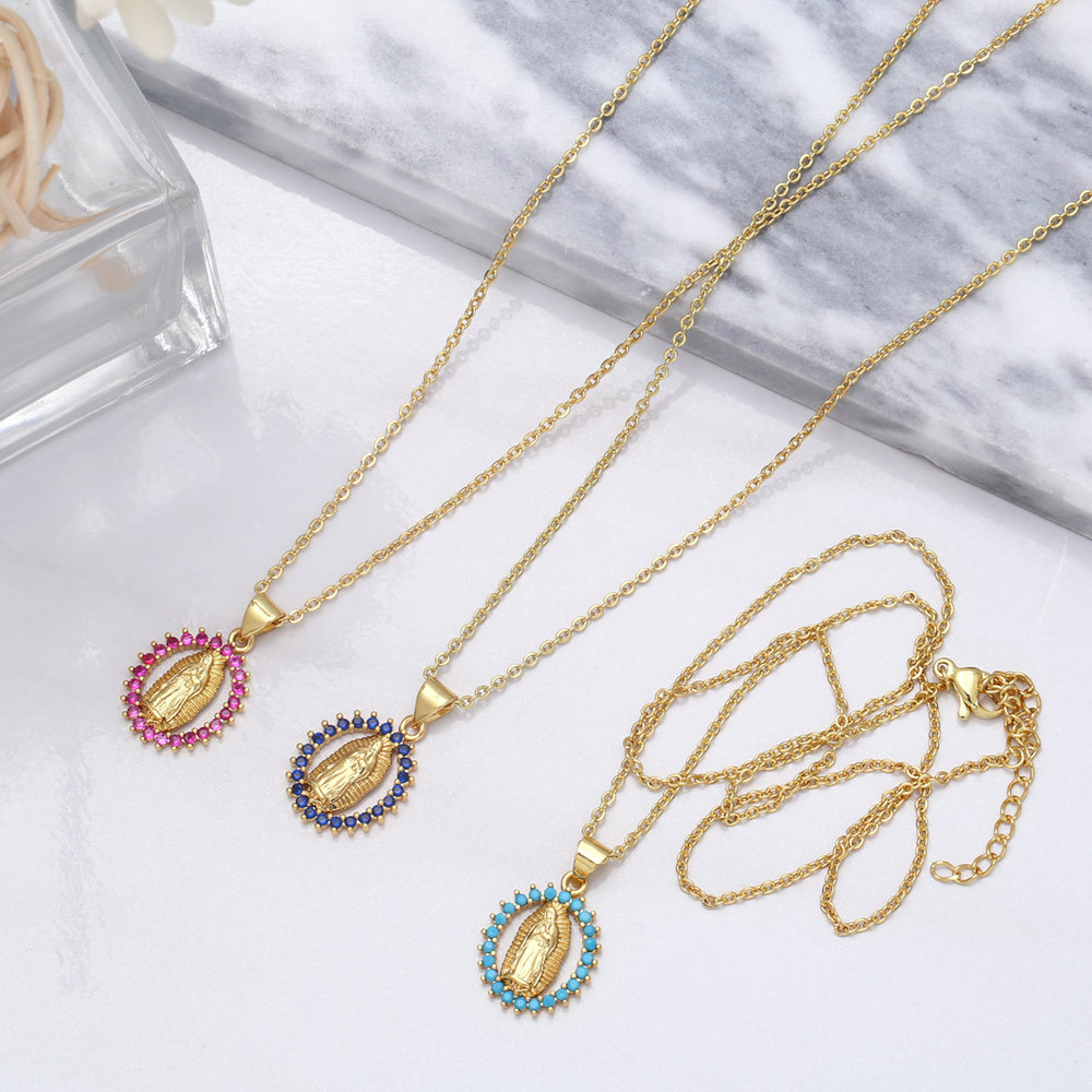 Religious Virgin Mary Pendant Necklace Women 18K Gold Plated Iced Out Link Chain Necklaces Copper Colorful Cubic Zirconia CZ Fashion Mens Catholic Jew