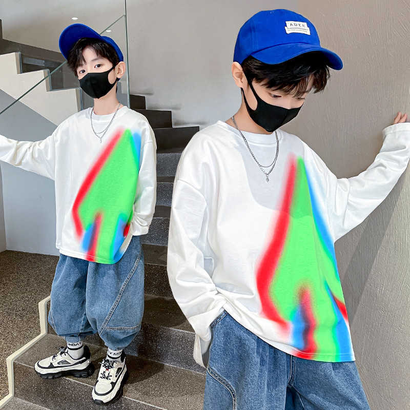 Pullover Teens Boys Sweatshirt Rainbow Dyed Printing Spring Fall Long Sleeve Children s Clothes Loose Bottoming Kids Tops 12 14Y 220924