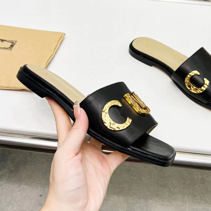 designer sandals famous women ladies slippers summer slides flats slipper pantoufle genuine leather shoes size 35-43