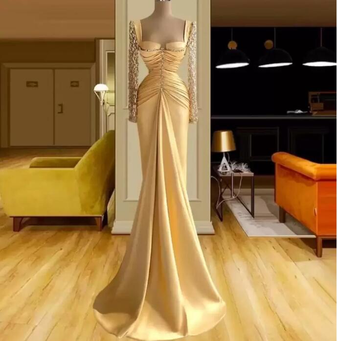 Champagne Gold Mermaid Evening Dresses with Long Sleeve Beaded Lace Stain Vestidos de gala Arabic Prom Occasion Gown