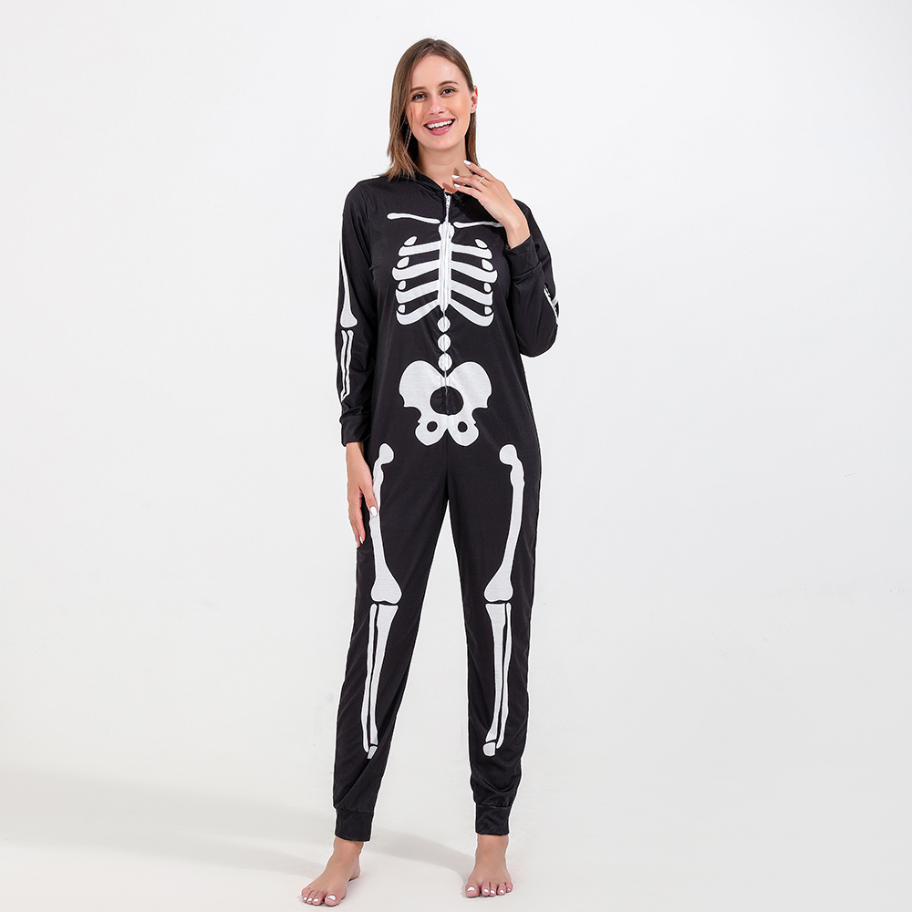 Family Matching Outfits Halloween Scary Skeleton Costume for Adult Kids Family Horror Skull Jumpsuit Carnival Party Hodded Halloween Parent-Child Paja