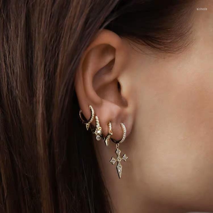 Hoop Earrings 925 Sterling Silver Earring Personalized Zircon Cross Short Pendant Ear Ring Bone Trend Cute Female Girl Jewelry