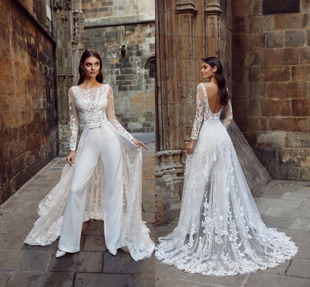 Illusion Long Sleeve a-line Wedding Dresses Jumpsuit with Remove Train 2023 Lace Floral Sheer Neck Beach Bohemain Bridal Dress Pant Suit