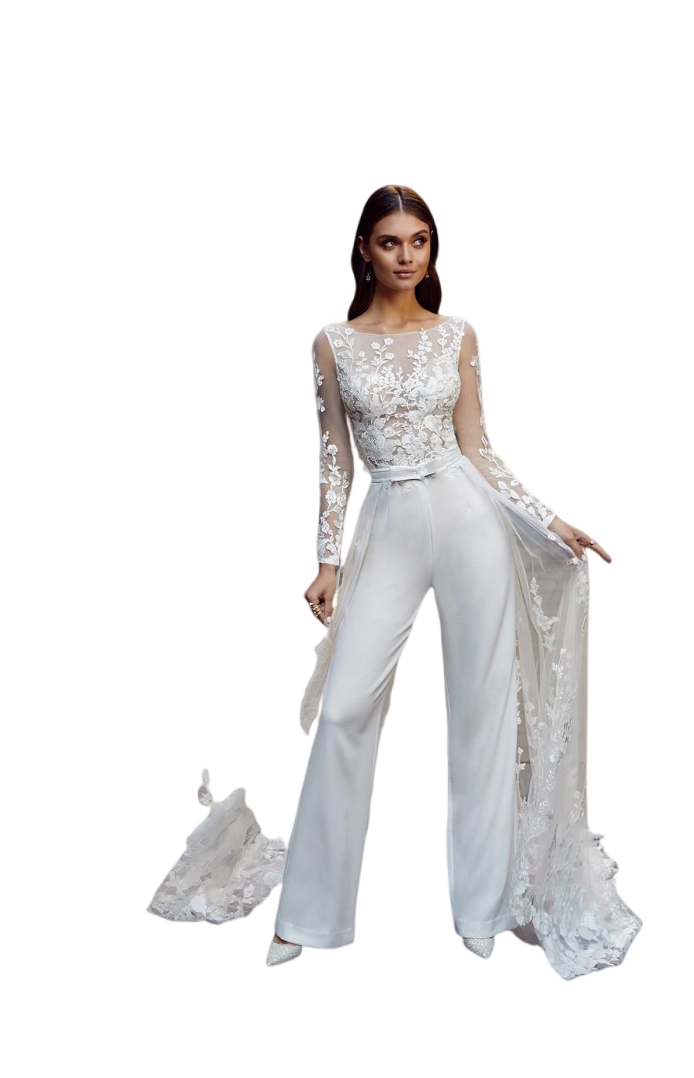 Illusion Long Sleeve a-line Wedding Dresses Jumpsuit with Remove Train 2023 Lace Floral Sheer Neck Beach Bohemain Bridal Dress Pant Suit