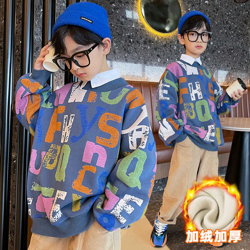 Pullover Boys Autumn Winter Sweater Letters Graffiti Printing Youth Plus Velvet Warm Clothes Fashion Blue And Yellow 4 14 Y 220924