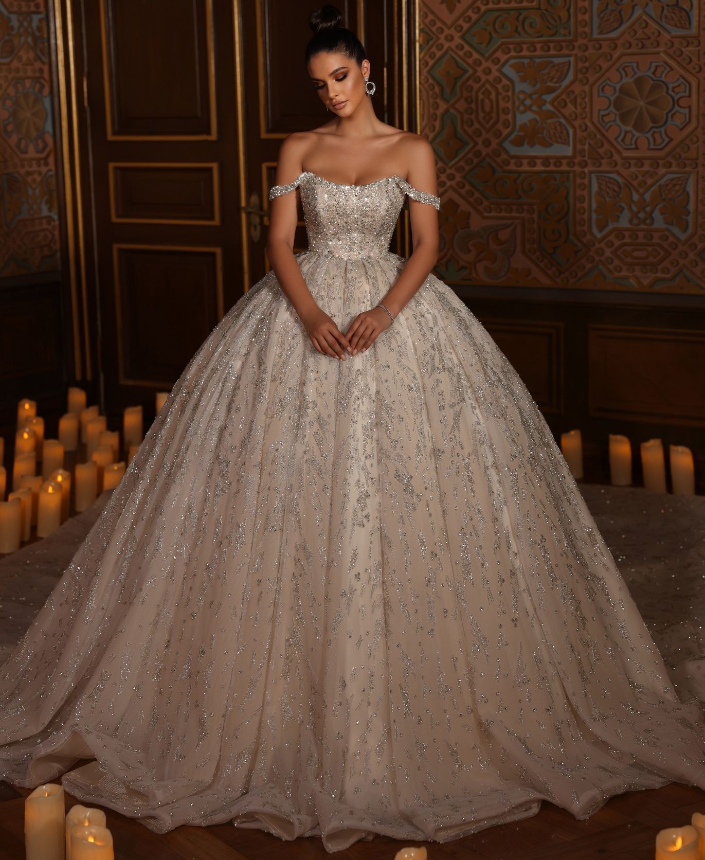 Gorgeous Beading Wedding Dresses Bridal Gowns Beads Crystals Ball Gown Arabic Dubai Off The Shoulder Vestido de Noiva Plus Size