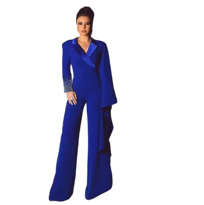 Royal Blue Mother of the Bride Pant Suits Peaked Lapel Long Sleeve Jumpsuits Beaded Evening Gowns Plus Size Wedding Guest Dresse