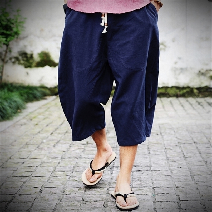 Men's Pants Cotton Linen Baggy Wide Leg Hanging Crotch Hip Hop Bloomers 's CalfLength Cross Trousers 220922