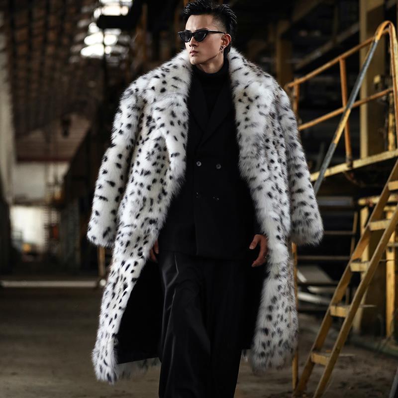 Men's Fur Faux leopard print fur integrated man coat long suit collar trend winter warm jacket 220924