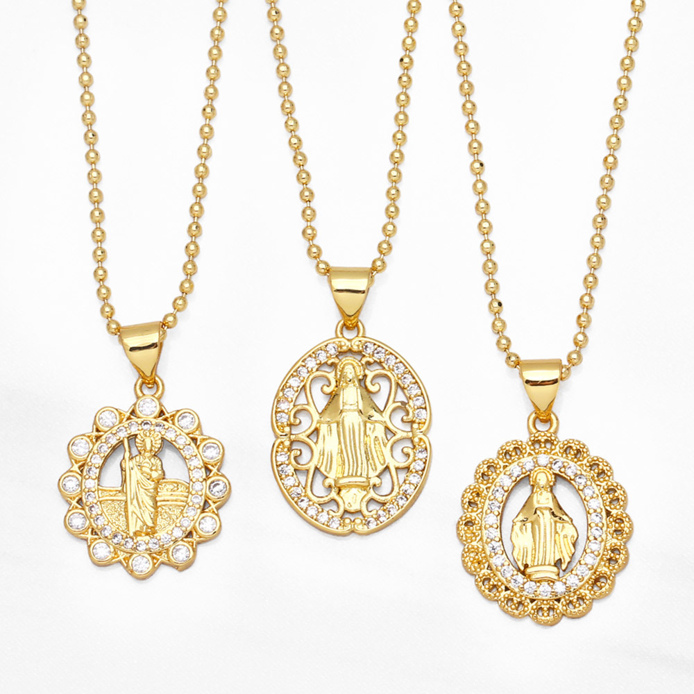 Religious Virgin Mary Pendant Necklace Women 18K Gold Plated Iced Out Link Chain Necklaces Copper Colorful Cubic Zirconia CZ Fashion Mens Catholic Jew