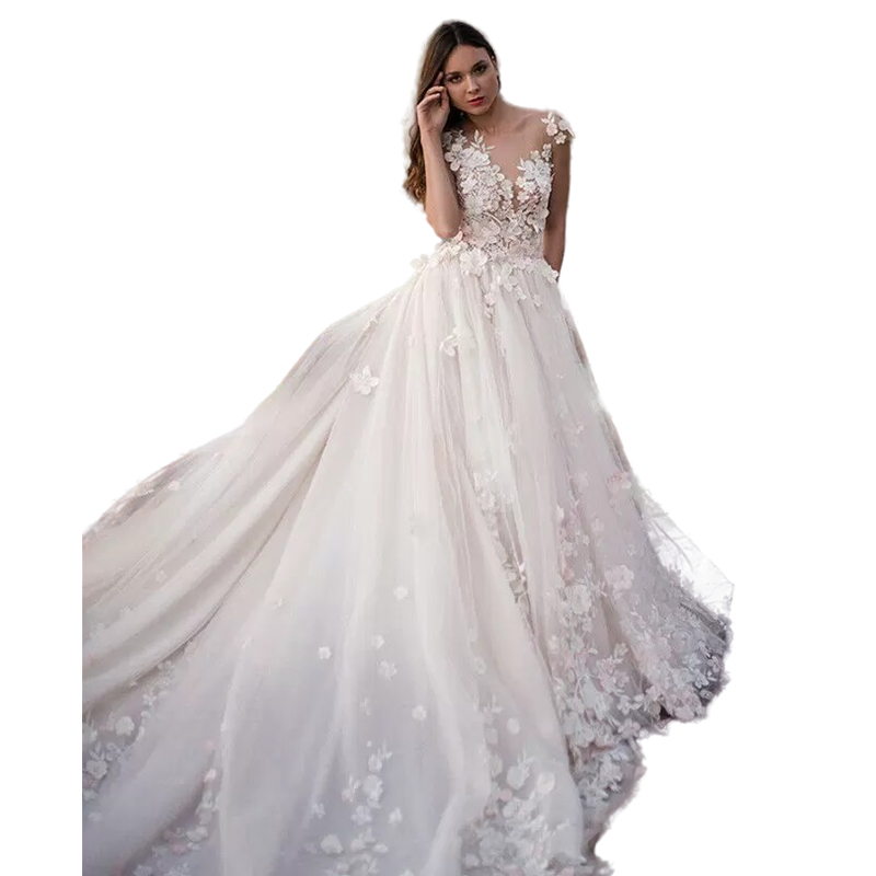 3D Floral Appliques A-Line Wedding Dresses Romantic Bridal Gowns Sheer O-Neck Sexy Backless Lace Tulle Robe De Mariage Court Train Country Bohemian Ve