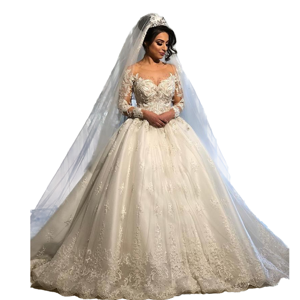 Arabic Dubai Princess Wedding Dresses Lace Bridal Gowns Appliques Beaded Sheer Jewel Neck Long Sleeves Ivory Tulle A-e Robe De Mariage