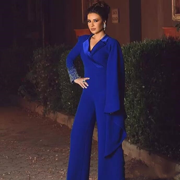 Royal Blue Mother of the Bride Pant Suits Peaked Lapel Long Sleeve Jumpsuits Beaded Evening Gowns Plus Size Wedding Guest Dresse