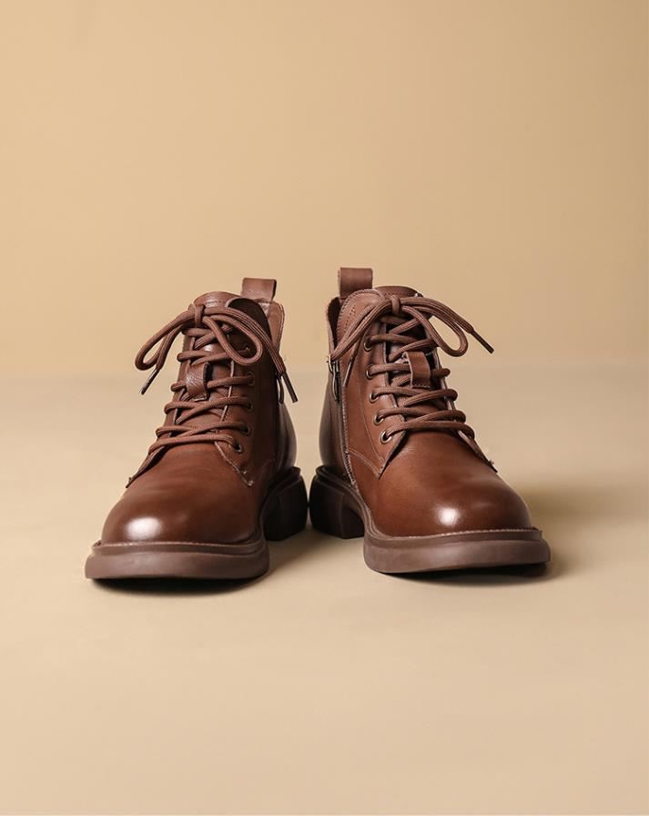 Cowhide V-mouth Short Ankle Boots Martin Shoes Women's Autumn Flat Keel Female Boot Lace up British Single Lady Footwear