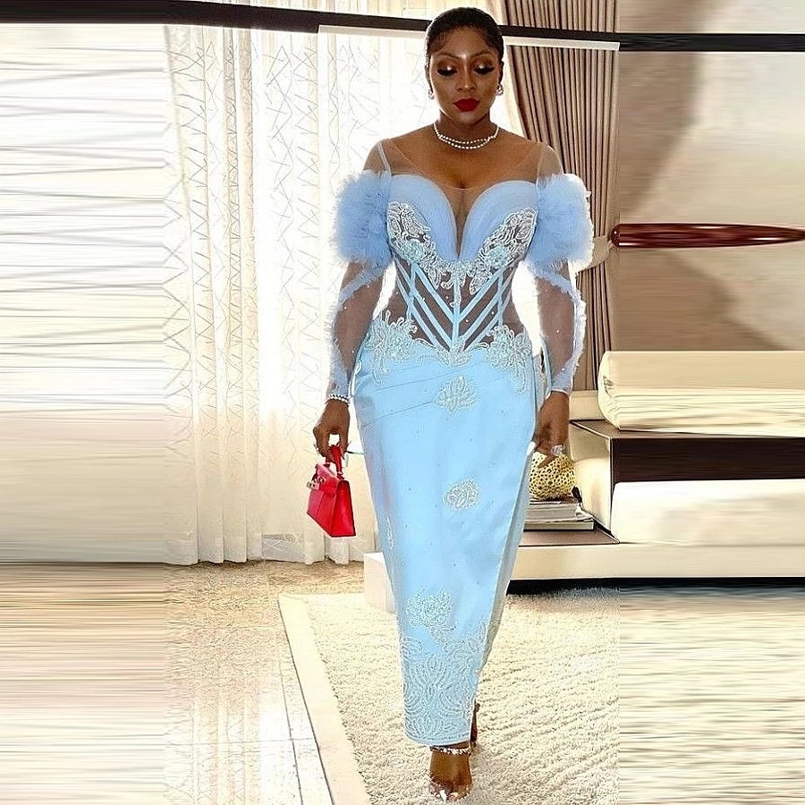 Sky Blue Mermaid Evening Dresses Scoop Sequins Appliques Illusion Long Sleeves Aso Ebi Prom Dress Plus Size Party Vestidos