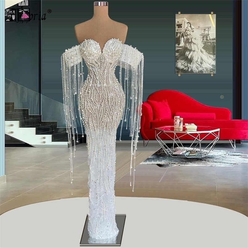 Party Dresses Elegant Full Pearls Beaded Mermaid Evening Dress White Off Shoulder Tassels Floor Length See Through Prom Dress Robe De Soiree 220923