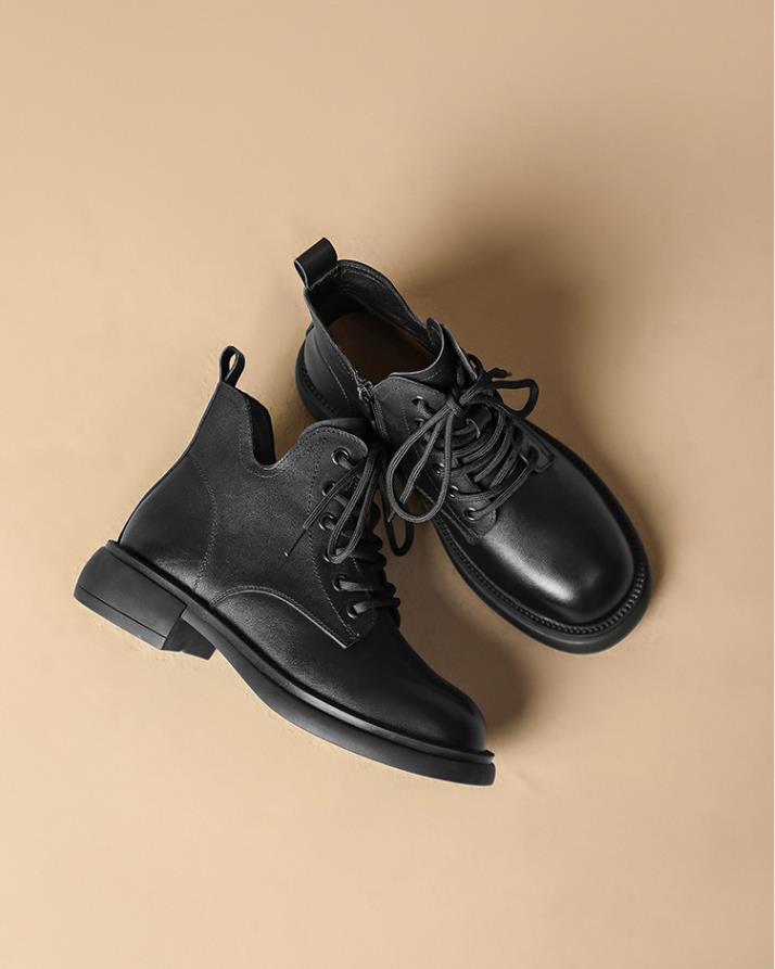 Cowhide V-mouth Short Ankle Boots Martin Shoes Women's Autumn Flat Keel Female Boot Lace up British Single Lady Footwear