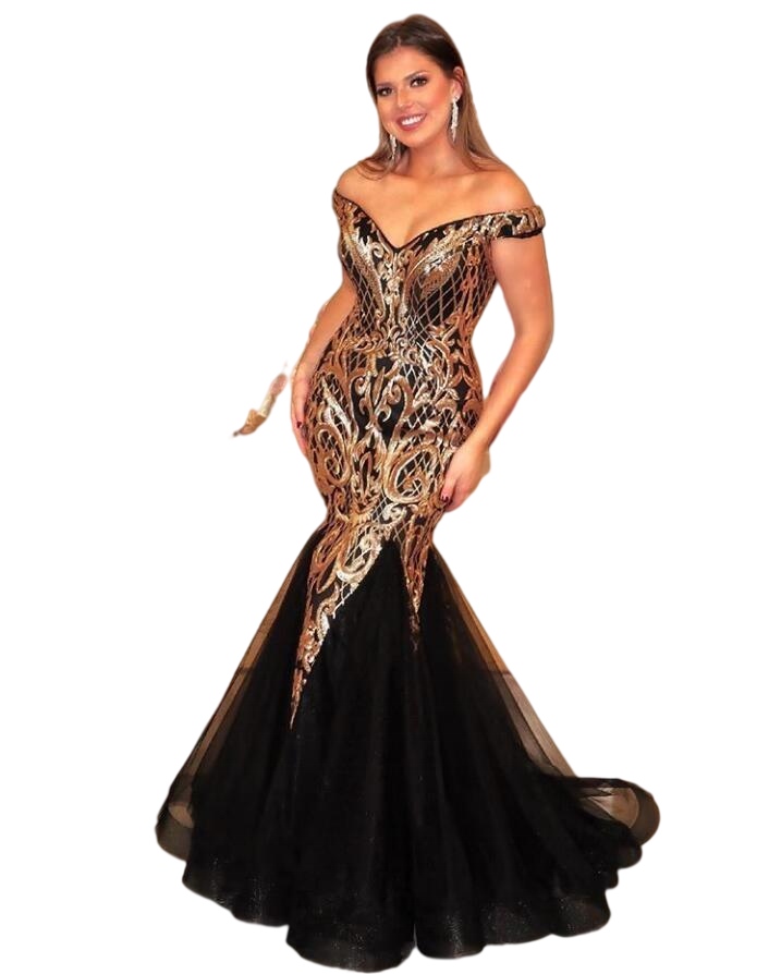 Modern Off Shoulder Tulle Mermaid Evening Dresses Zipper Back african aso ebi Prom Dresses With Gold Sequins