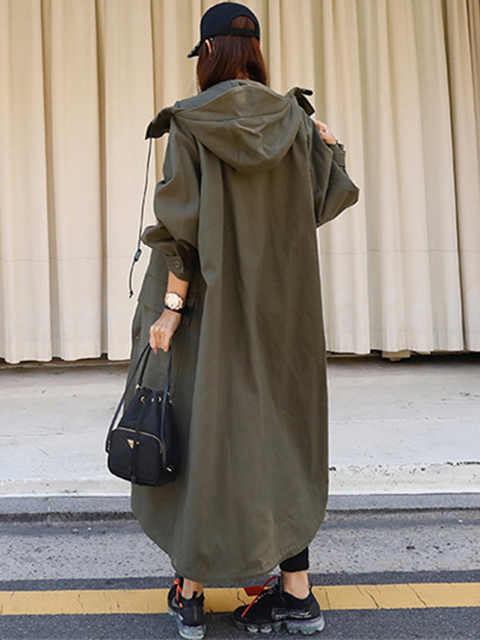 Women's Trench Coats Lautaro Spring Autumn Long ArmyGreen Oversized Waterproof Windbreaker Women Hood Zip Up Casual Loose Bf Varsity Raincoat 220