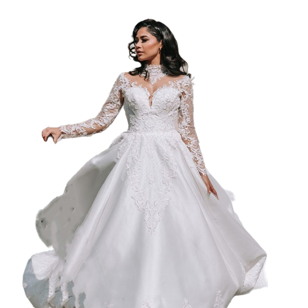 Luxury A-Line Wedding Dresses Arabic Dubai Satin Bridal Gowns Classic High Neck Long Sleeves Lace Appliques Beading Chapel Church Vestido de Novia 202