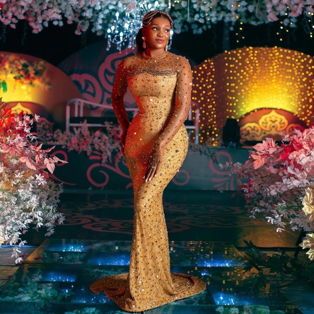 Urious Gold Crystal Evening Dresses Beaded Arabic Aso Ebi Engagement Prom Gowns Big Bow Tie Meet Gala Vestido De Noche 322 6660311