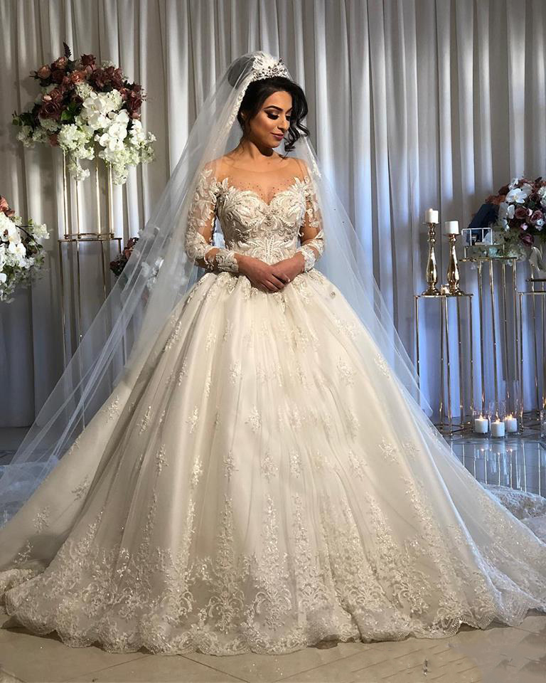 Arabic Dubai Princess Wedding Dresses Lace Bridal Gowns Appliques Beaded Sheer Jewel Neck Long Sleeves Ivory Tulle A-e Robe De Mariage