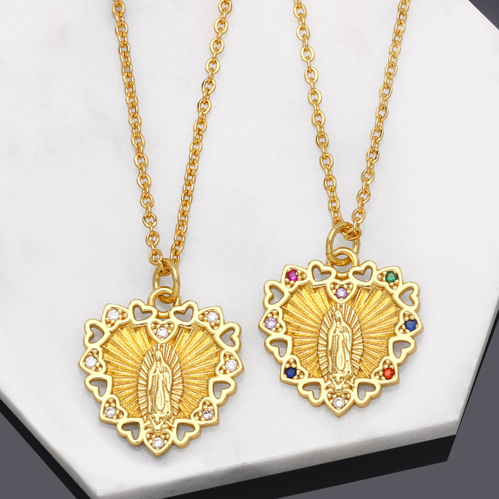 Religious Virgin Mary Pendant Necklace Women 18K Gold Plated Iced Out Link Chain Necklaces Copper Colorful Cubic Zirconia CZ Fashion Mens Catholic Jew